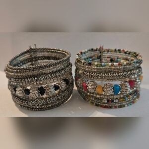 X2 Seed Bead with Gemstones Wire Cuff Bracelets Gunmetal Silver & Multi Color